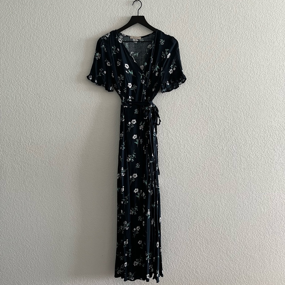 Active USA Navy Floral Wrap Midi Dress